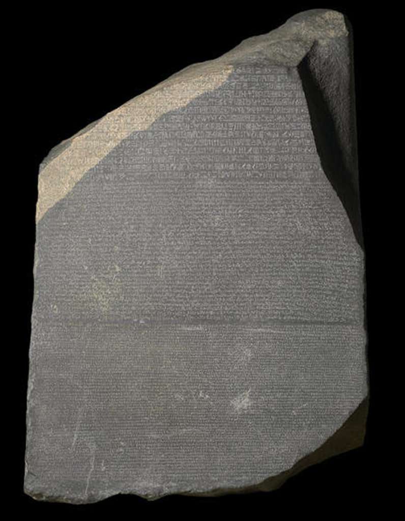 British Museum Top 20 01-1 The Rosetta Stone 1. Rosetta Stone - Rosetta Egypt, 196BC, 114cm high. This granite stone was the key to deciphering the Egyptian hieroglyphs. The writing is in two languages, Egyptian and Greek, using three scripts, Hieroglyphic, Demotic Egyptian and Greek. Soldiers in Napoleon's army discovered the Rosetta Stone in 1799 near the town of el-Rashid (Rosetta). On Napoleon's defeat, the stone became the property of the English under the terms of the Treaty of Alexandria (1801) along with other antiquities that the French had found.